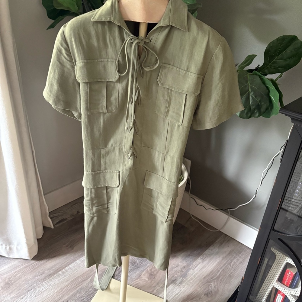 Andamane linen utility Olive Green Short Sleeve Dress‎ with Pockets